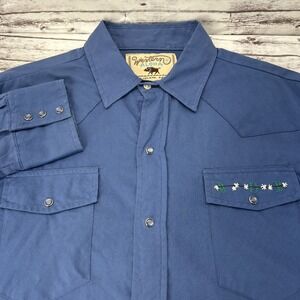 Western Aloha Pearl Snap Shirt Mens L Blue Embroidered Pocket Cowboy Made In USA